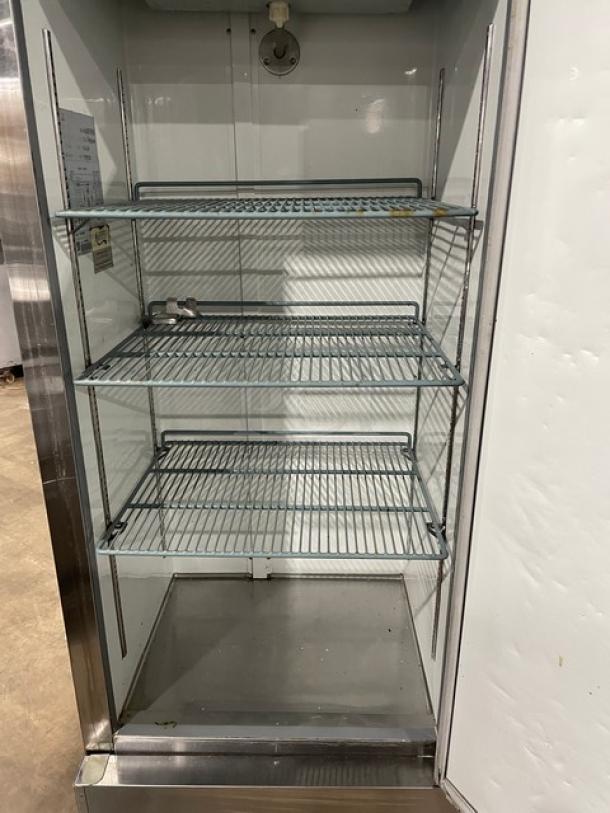 Avantco 178A19RHC commercial stainless steel single door reach-in refrigerator, poly-coated wire racks, on casters, 115V.