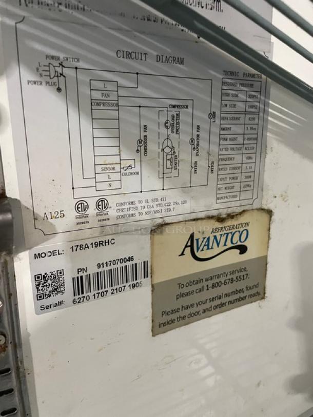 Avantco stainless steel single door refrigerator, model 178A19RHC, with poly coated rack, circuit diagram, and serial number label visible.