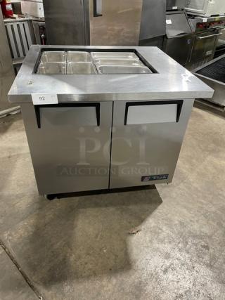 True Commercial Stainless Steel 2 Door Refrigerated Mega Top Salad/Sandwich Prep Table! With Hotel/Steamtable Pan! Model: TSSU-36-12M-B SN: 6986854! 115V 1 Phase! On Casters! - Item #1217243