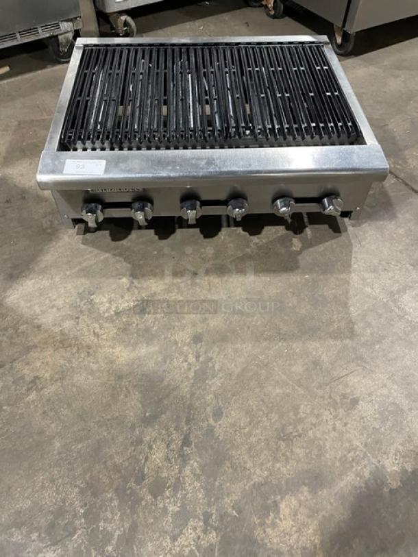 Turbo Air Radiance 36" stainless steel char broiler, natural gas, cast iron grates, countertop, on legs, clean condition.