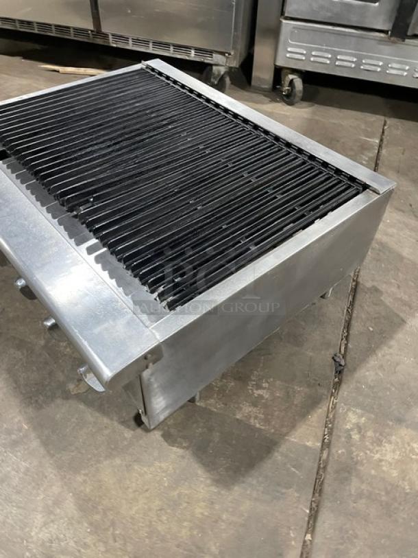 Turbo Air Radiance Series 36" stainless steel char broiler with cast iron grates, natural gas, countertop model, on legs.