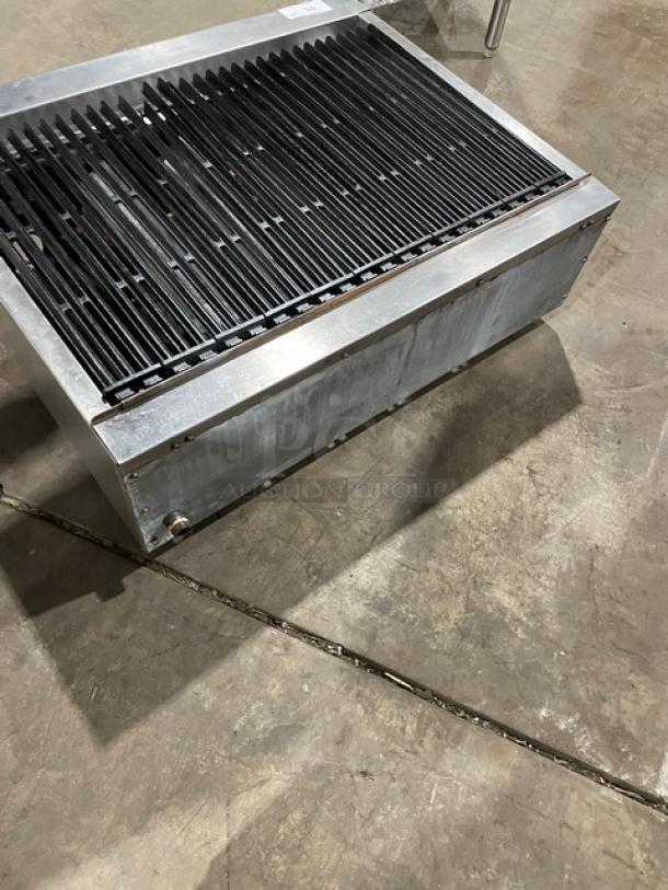Turbo Air Radiance Series 36" char broiler, stainless steel, countertop model with cast iron grates, on legs, natural gas powered.