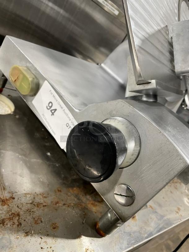 Avantco commercial electric deli meat slicer, countertop model, heavy-duty, on legs, features adjustable knob, used condition.
