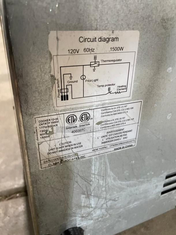 Avantco 177W50CKR stainless steel electric countertop food warmer, 120V, 1500W, with circuit diagram label, made in China.
