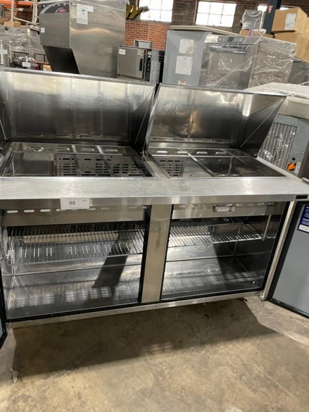 Turbo Air M3 Series 2-door refrigerated prep table, Model MST-60-24-N, with poly-coated rack, stainless steel, on casters.