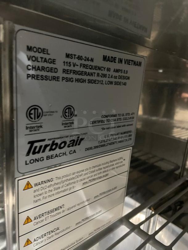Turbo Air M3 Series MST6024N label, showing model, voltage, refrigerant details, and certification info for prep table.