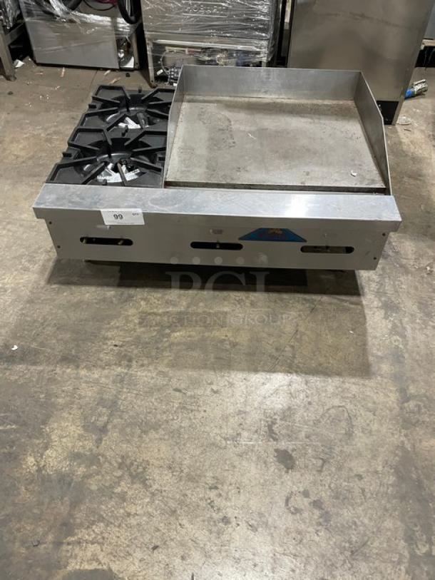 Comstock-Castle FHP3624 stainless steel 2-burner griddle range with back & side splash, on legs, good condition.