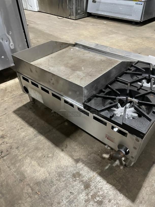 Comstock-Castle FHP3624 stainless steel natural gas countertop griddle range, 2-burner, split top, griddle back, and side splash.