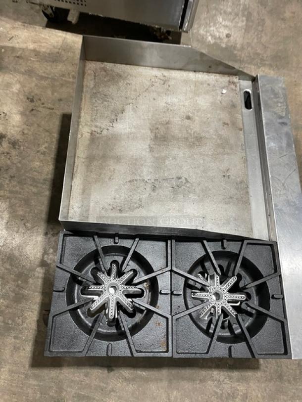 Comstock-Castle FHP3624 stainless steel 2-burner split top griddle range with backsplash, on legs, used condition.