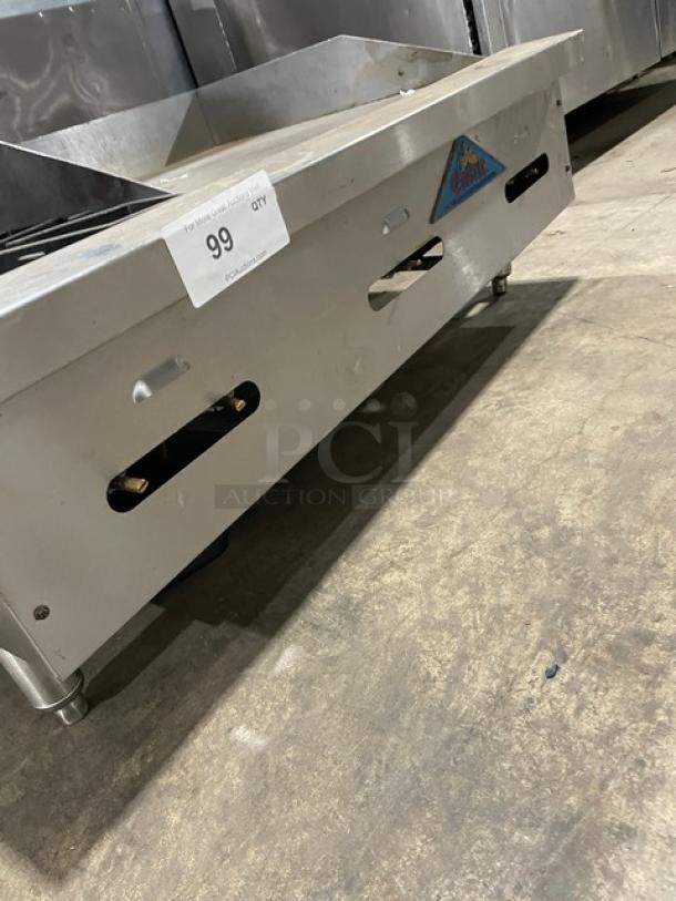 Comstock-Castle stainless steel countertop 2-burner griddle, model FHP3624, with back and side splash, on legs. Natural gas powered.