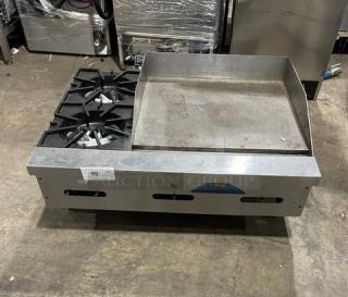Comstock-Castle FHP3624 stainless steel 2-burner griddle range with back & side splash, on legs, good condition.