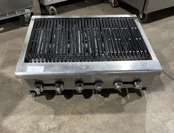 Turbo Air Radiance 36" stainless steel char broiler, natural gas, cast iron grates, countertop, on legs, clean condition.