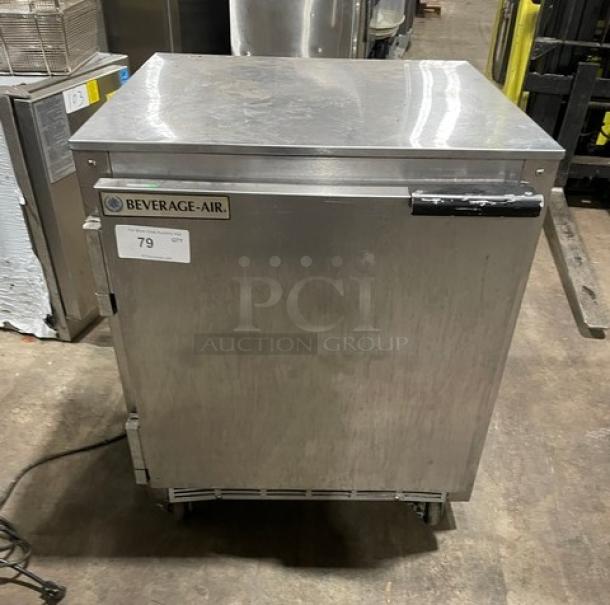 Beverage-Air UCR27 stainless steel undercounter fridge, single door, with poly-coated wire rack, 115V, on casters.