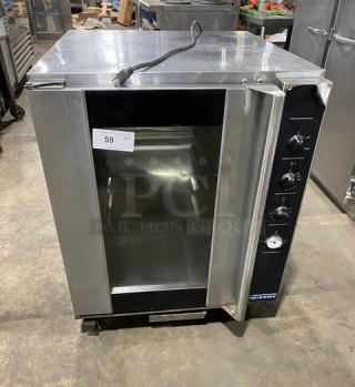 Moffat Turbofan Series P8M commercial stainless steel heated holding cabinet with built-in pan slide on casters, tested and working.