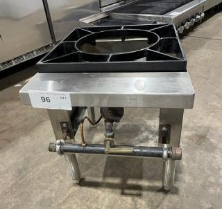 Commercial stainless steel single burner stock pot range on legs, natural gas powered, sturdy construction, excellent condition.