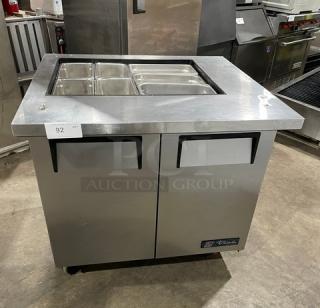 True Commercial Stainless Steel 2 Door Refrigerated Mega Top Salad/Sandwich Prep Table! With Hotel/Steamtable Pan! Model: TSSU-36-12M-B SN: 6986854! 115V 1 Phase! On Casters! - Item #1217243