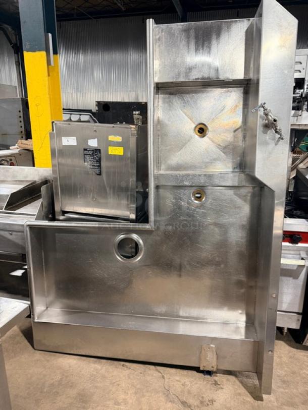 Jackson stainless steel electric door-type dishwasher with L-shaped station. Heavy-duty, on legs, commercial condition.