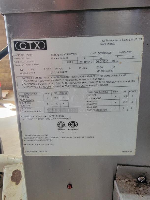Middleby Marshall CTX DZ33T label; shows model, serial number, electrical specifications, and installation guidelines.