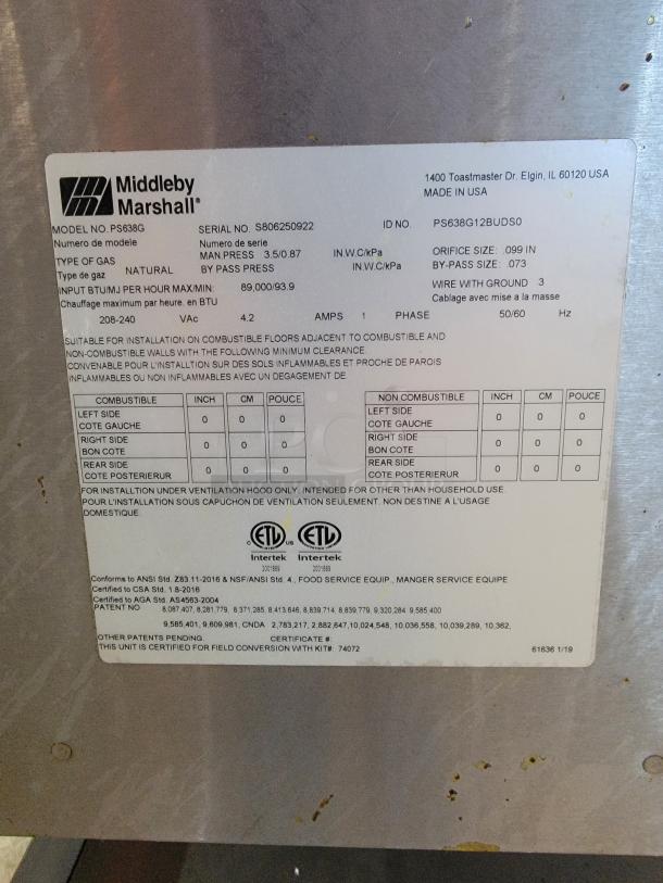 Alt text: "Middleby Marshall PS638G gas conveyor oven label, showing model, serial number, gas type, and certifications."