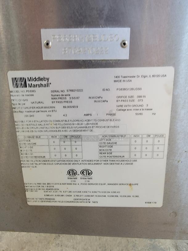 Middleby Marshall PS638G gas conveyor oven label, showing model, serial number, and installation specifications.