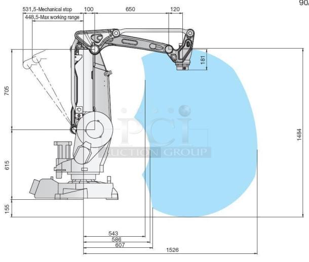 ABB IRB 260 industrial robot arm schematic with 61" reach, lifting up to 66 lbs. Includes conversional coding controller pendant.