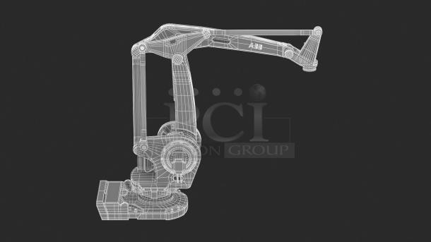 ABB IRB 660 industrial robot arm, wireframe view, for high-volume logistics. Features 10' reach, 396 lbs lifting. 2022 model.