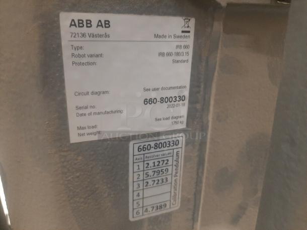 ABB IRB 660 industrial robot label showing model, serial number 660-800330, and max load of 1750 kg. Made in Sweden.