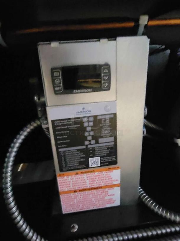 Control panel of RPI Industries Bandit Air Screen merchandiser, model SCRFC2728R, with visible settings and warning labels.