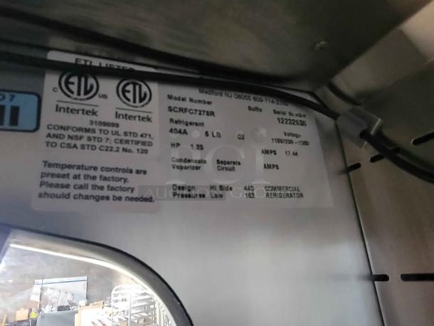 RPI Industries Bandit Air Screen merchandiser label, model SCRFC2728R, refrigerant 404A, 5 lb, 1.25 HP, 120V, UL certified.