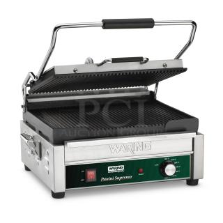 Waring Commercial Panini Press Model WPG250 with cast iron grooved plates, ideal for cafes. Features on/off switch and temperature dial.