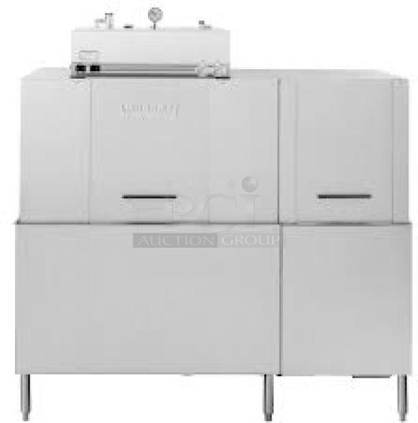 Hobart CRS-66A Conveyor Dishwasher; heavy-duty, reliable for high-volume use. Stainless steel body, industrial design.