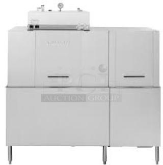 Hobart CRS-66A Conveyor Dishwasher; heavy-duty, reliable for high-volume use. Stainless steel body, industrial design.