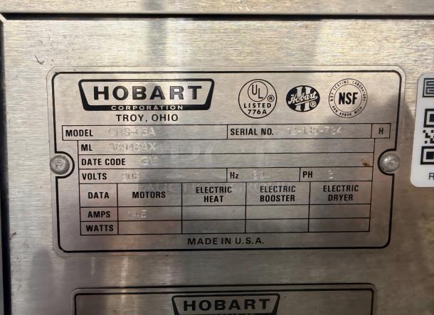 Hobart CRS-66A Conveyor Dishwasher label showing model, serial number, voltage, and certifications. Made in U.S.A.