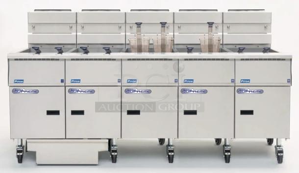 Pitco SSHBN55 high-efficiency 4-bank fryer with built-in filtration system, ideal for commercial kitchens.