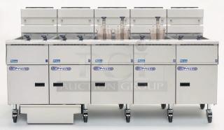 Pitco SSHBN55 high-efficiency 4-bank fryer with built-in filtration system, ideal for commercial kitchens.