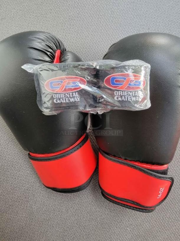 OG Martial Arts 14oz red/black boxing gloves with Velcro straps and sealed hand wraps, ideal for martial arts.