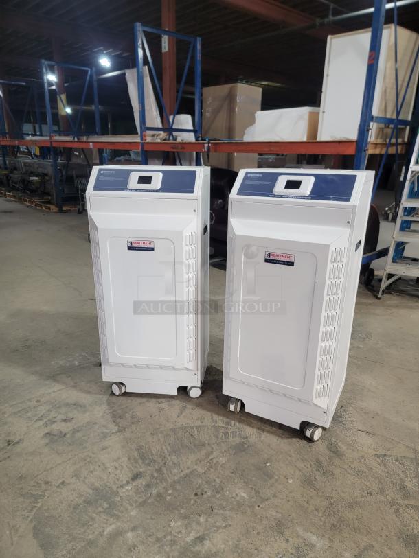 Abatement Technologies HC800FUV air purifiers in warehouse, featuring HEPA filtration, portable design, hospital-grade quality.