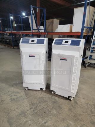 Abatement Technologies HC800FUV air purifiers in warehouse, featuring HEPA filtration, portable design, hospital-grade quality.