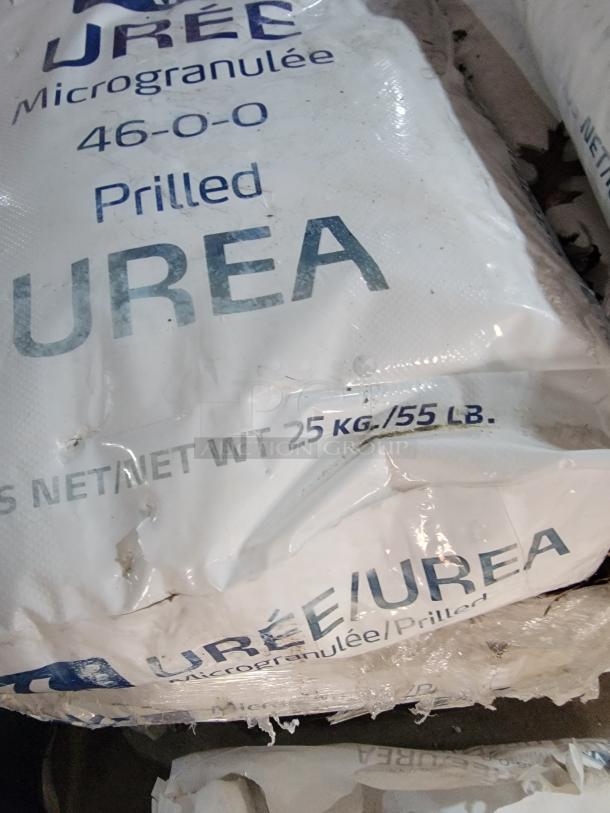 Yara Urea Fertilizer 46-0-0, 20 bags, prilled, each 55 lbs, premium nitrogen source. Marked "Microgranulée," "25 KG."
