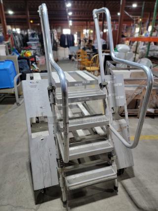 Heavy-duty 3-step warehouse ladder cart by New Age Industrial, made of rust-resistant aluminum with safety rails, ideal for warehouses.