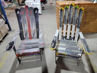 Upcycled Adirondack-style chairs made from downhill skis, featuring brands "Nordica" and "Elan." Unique design, excellent condition.