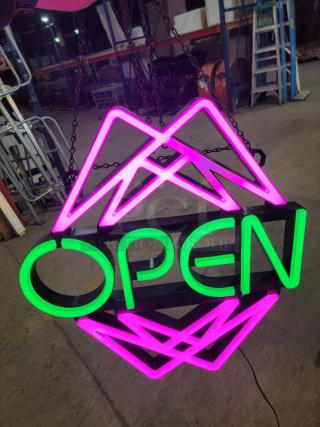 Element Lux Neon LED OPEN sign with 49 color modes, remote-controlled, featuring geometric design, ready to hang, tested.