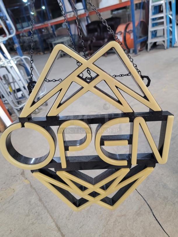 Element Lux Neon LED "OPEN" Sign with 49 color modes, geometric design, and remote control. Indoor use, tested, ready to hang.