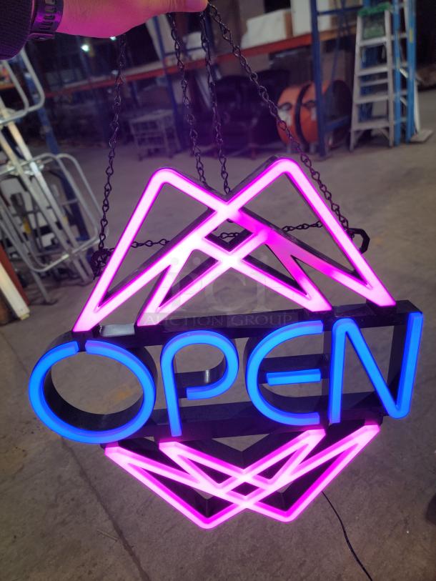 Element Lux OpenSign1 LED neon sign with "OPEN" text, 49 color modes, geometric design, tested and working, ready to hang.