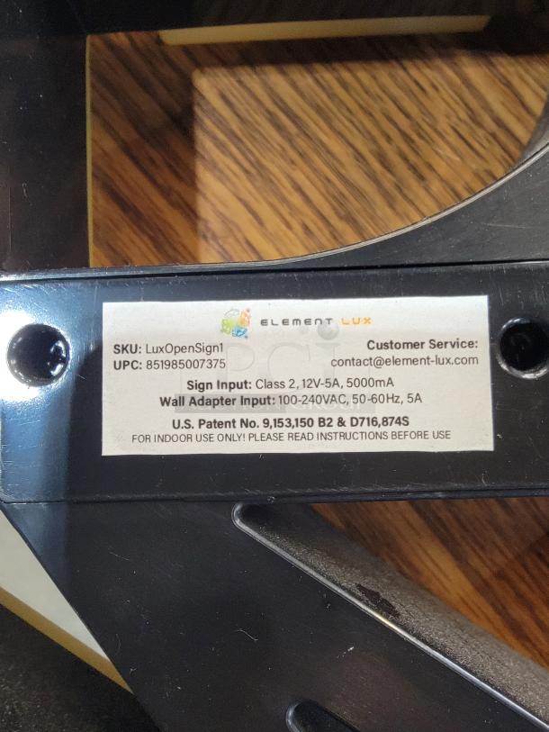 Element Lux OpenSign1 label with specifications and contact info. Provides sign and wall adapter input details.