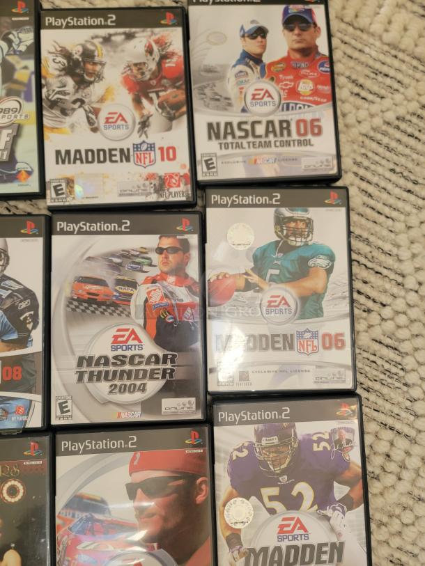 PS2 game bundle featuring titles like Madden NFL 10, NASCAR 06, and Madden NFL 06 with original cases and artwork.