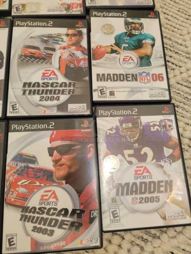 PlayStation 2 game bundle including NASCAR Thunder 2003, NASCAR Thunder 2004, Madden NFL 06, and Madden NFL 2005.