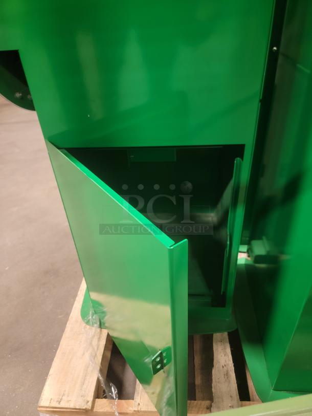 Robust green Medreturn security kiosk with open front door, industrial-grade steel, ideal for valuables storage. New condition.
