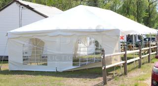 20'x40' Tent and Table West Coast Frame Tent, Model BT-FW24WT3P, premium vinyl top, sidewall kit, excellent condition.