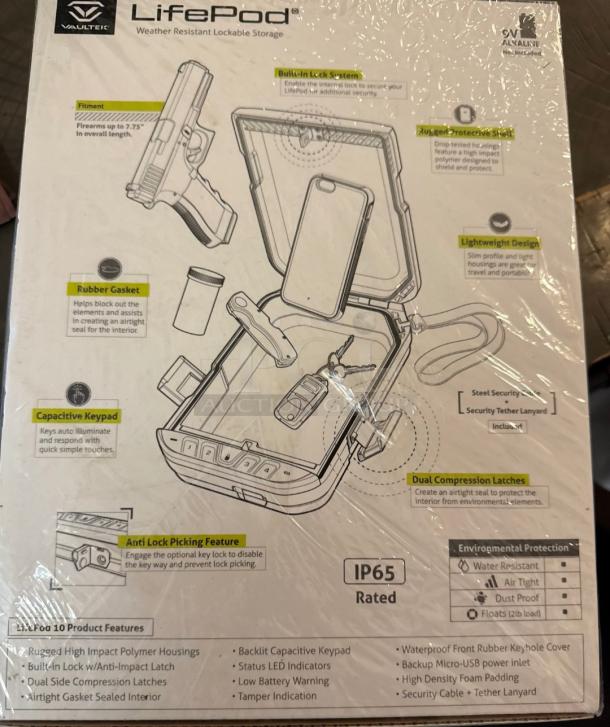 Brand new Vaultek LifePod lockbox in packaging, features weatherproof design, dual compression latches, and capacitive keypad.